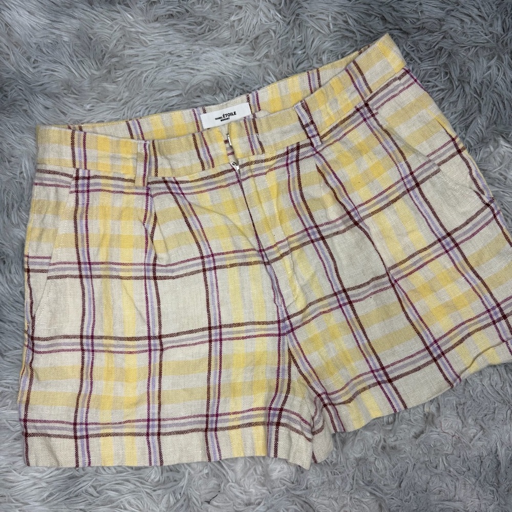 Isabel Marant Etoile Ilabot Shorts, Size 40, US Size 10 Yellow Plaid Linen